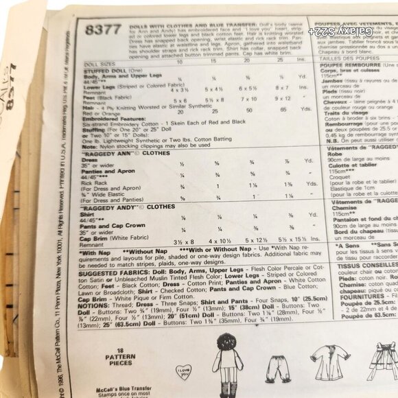 1990s Raggedy Ann & Andy Doll Sewing Patterns Nos. 2439 & 8377 Vintage Collectib - Picture 8 of 10